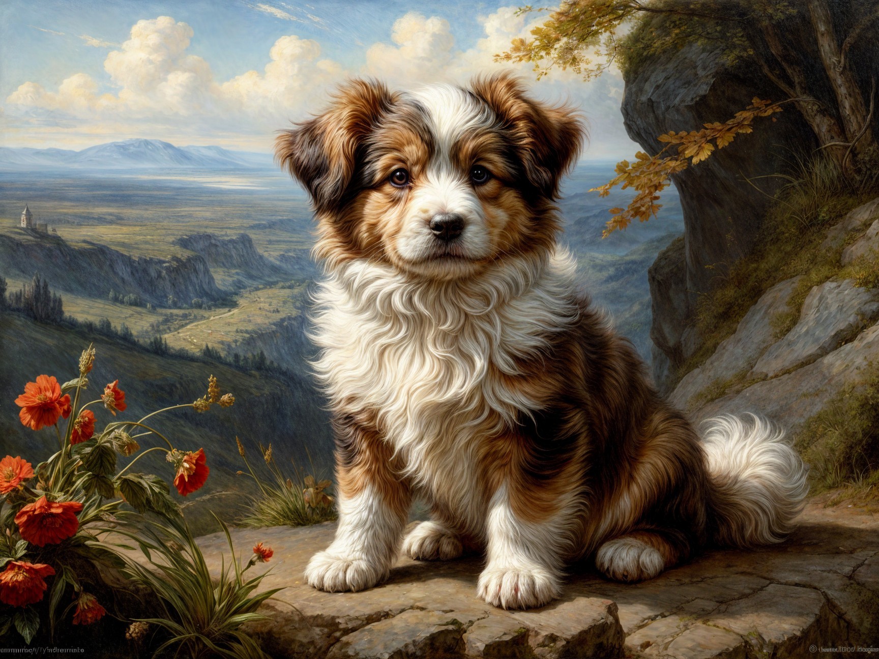 Fluffy puppy on rocky ledge in scenic landscape