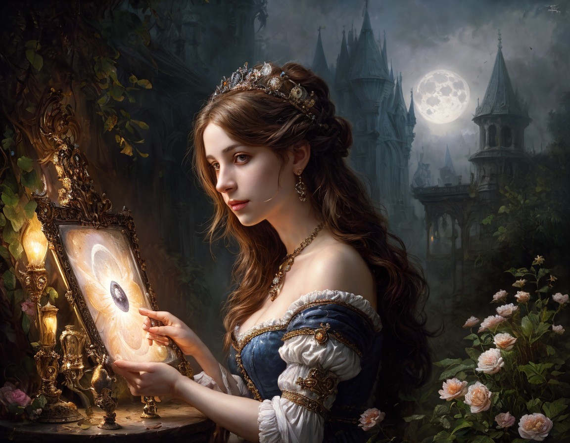 Royal woman in gown and tiara painting in moonlit garden with castle.