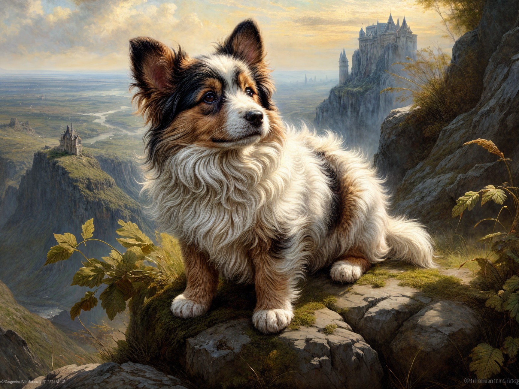 Fluffy Tricolor Dog on Rocky Outcrop with Castle View