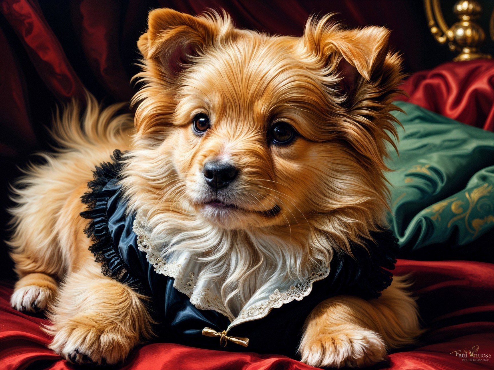 Fluffy Golden-Brown Puppy on Red Velvet Surface