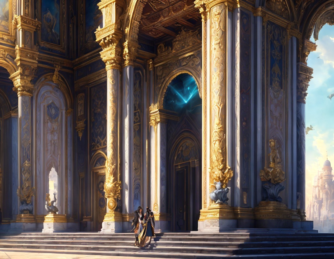 Opulent palace interior with columns, statues, and figures conversing