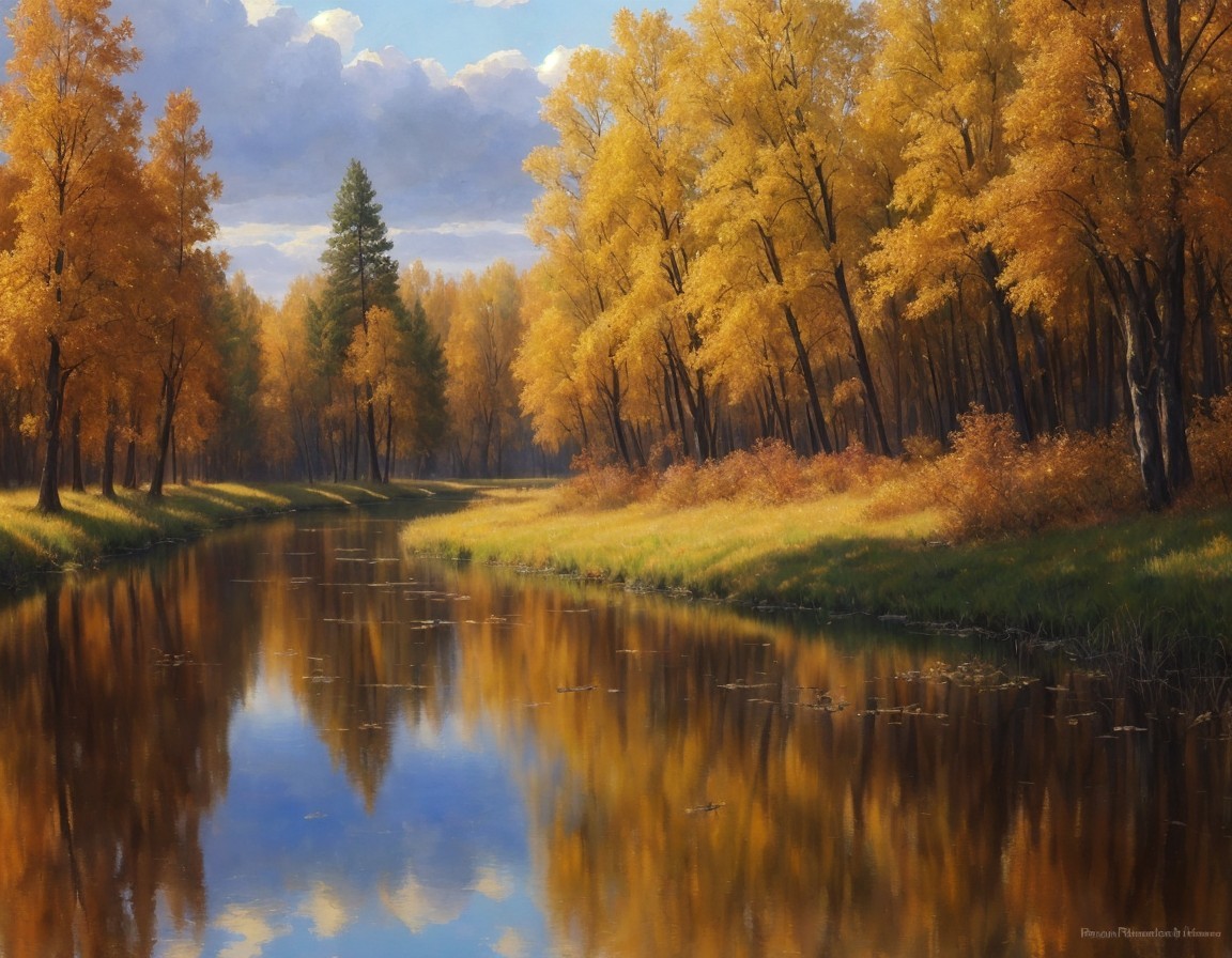 Tranquil autumn river scene with golden trees and blue sky