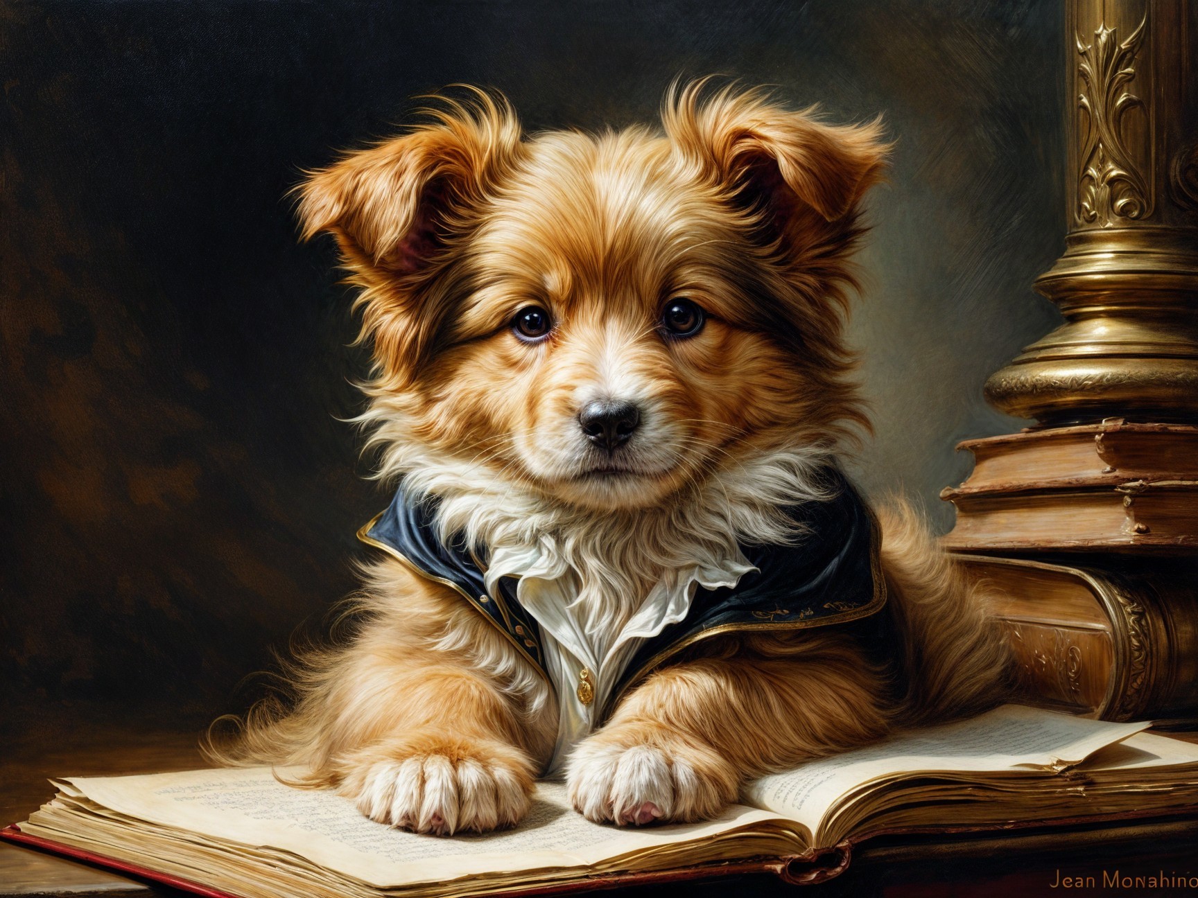 Fluffy Puppy Resting on Open Book in Cozy Setting