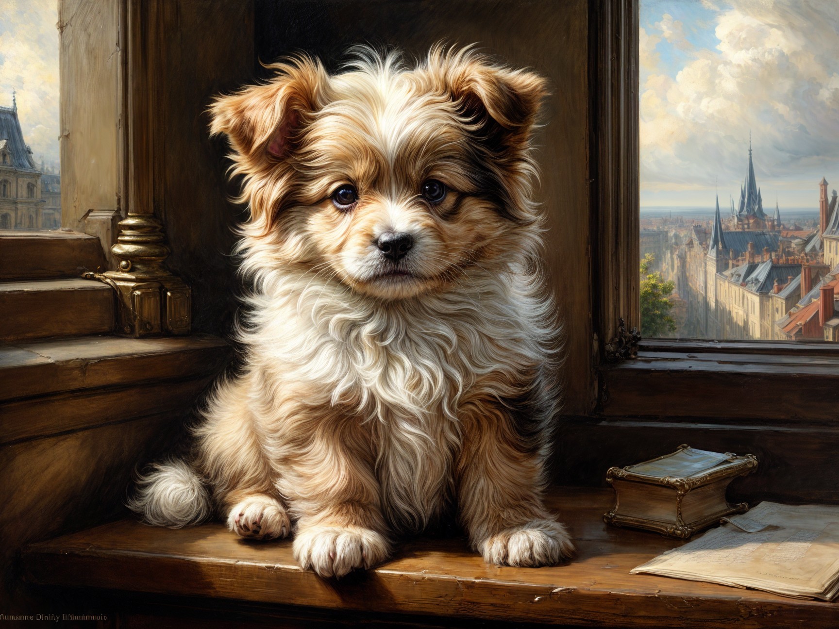 Fluffy Puppy on Wooden Ledge with Scenic Background