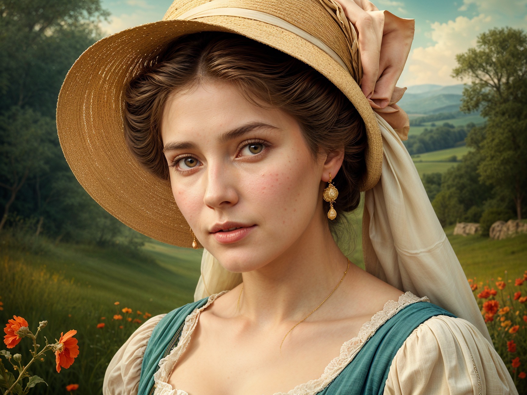 Young woman in vintage dress in lush landscape