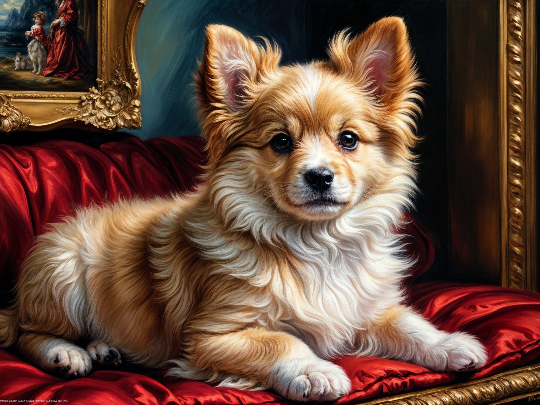 Golden-brown dog lounging on red velvet cushion