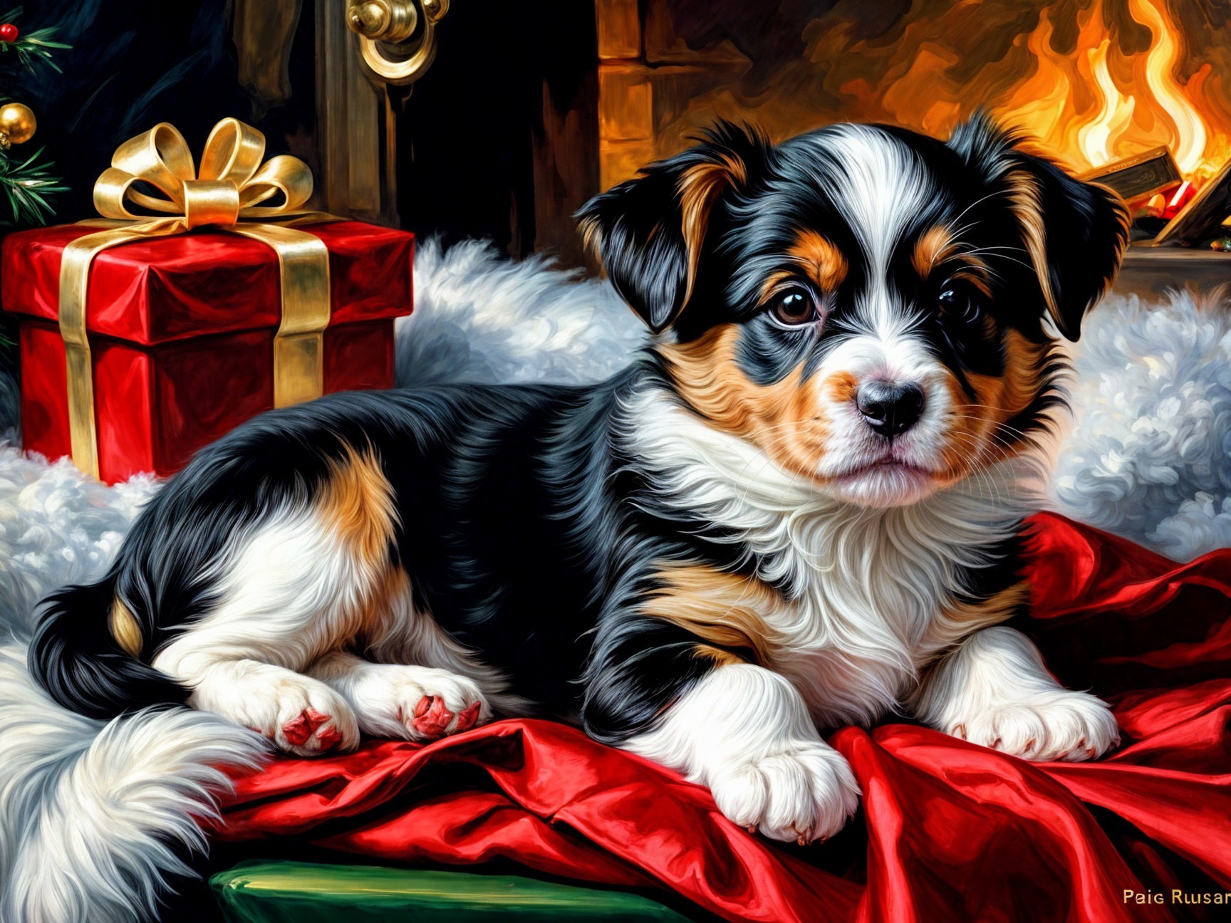 Puppy by Fireplace with Holiday Gifts and Cozy Atmosphere