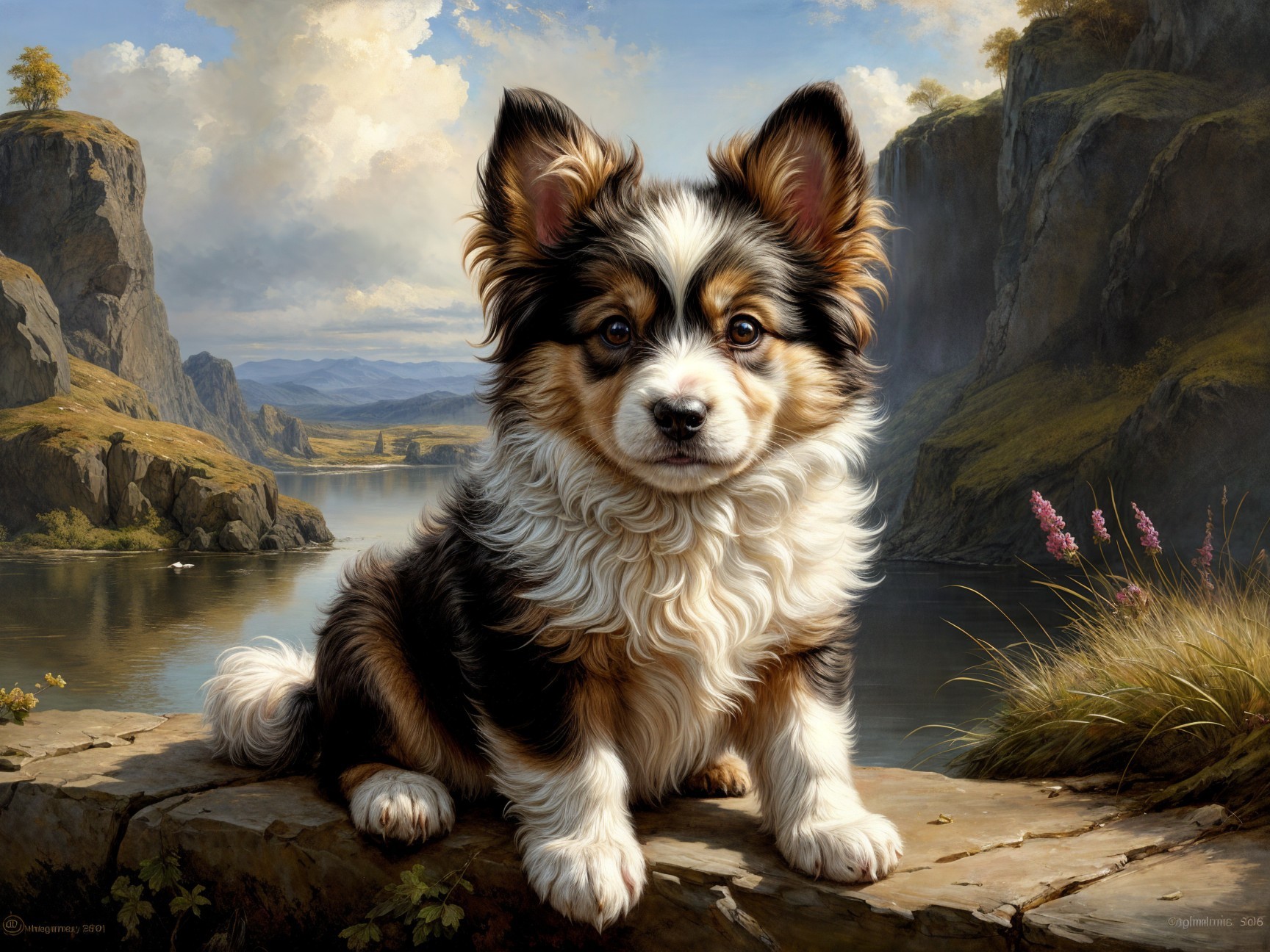 Tri-colored puppy by serene lake and majestic cliffs