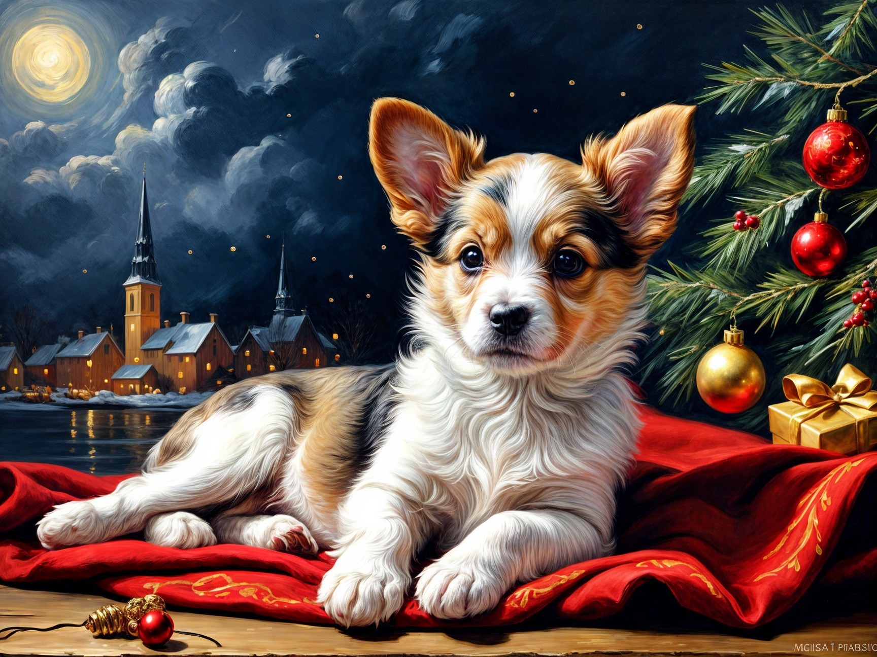 Fluffy Puppy on Red Blanket with Holiday Decor