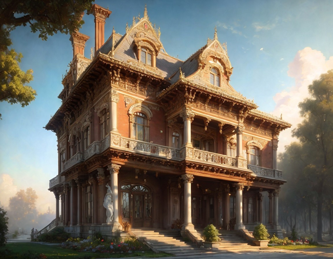Ornate mansion with grand façade and lush surroundings