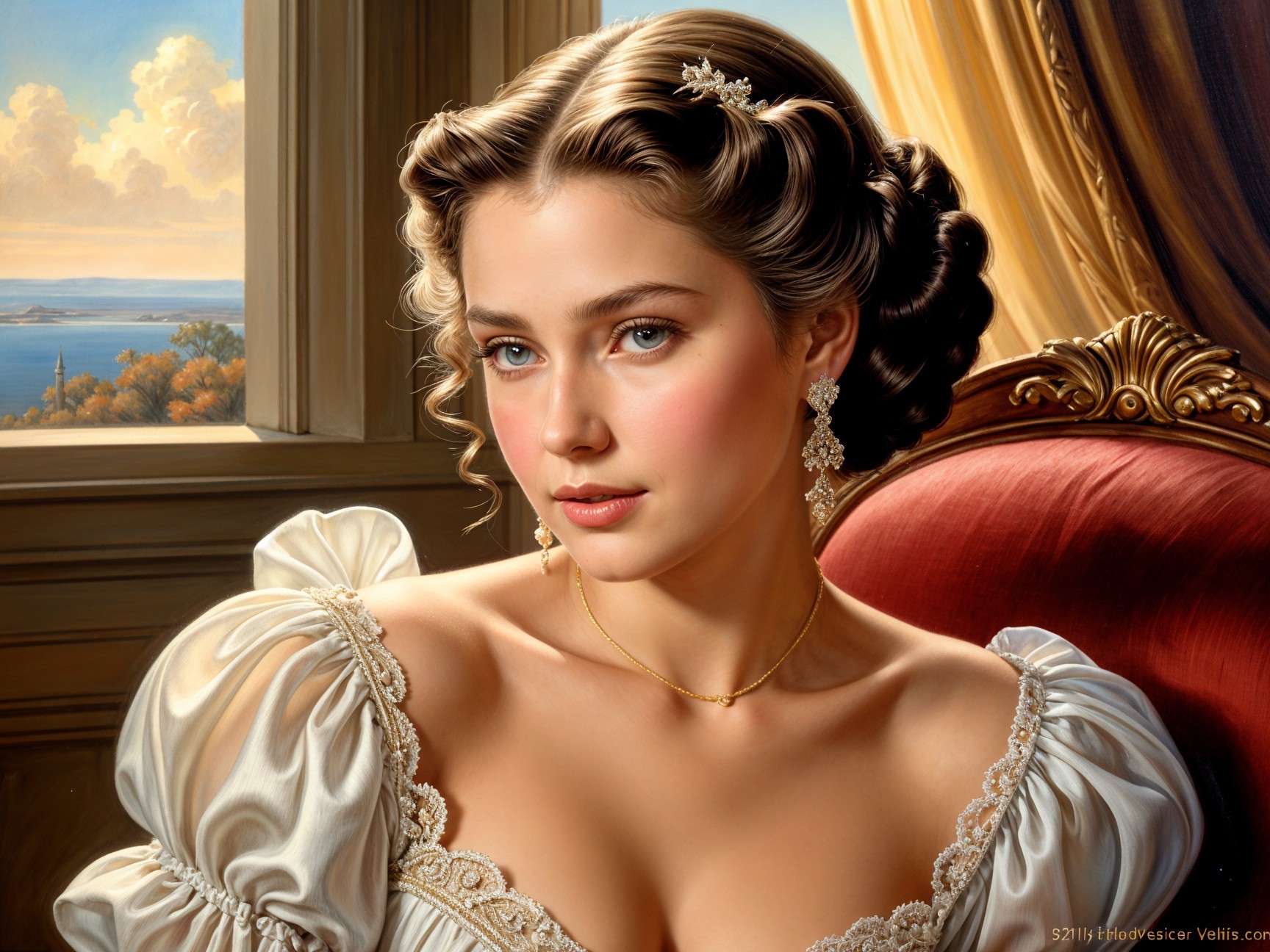 Young Woman in Elegant Vintage Setting with Lavish Gown