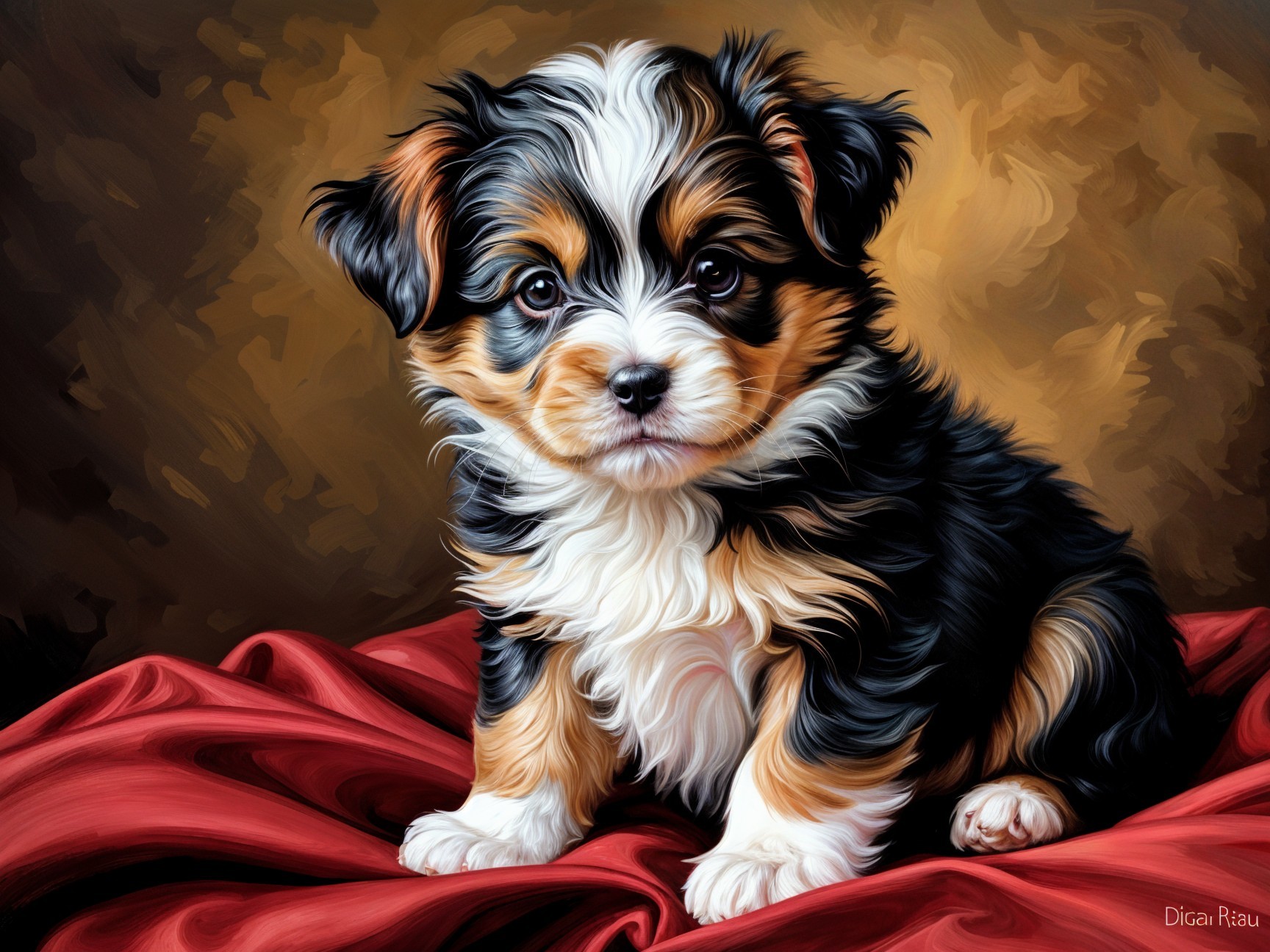 Charming Tri-Color Puppy on Rich Red Drapery