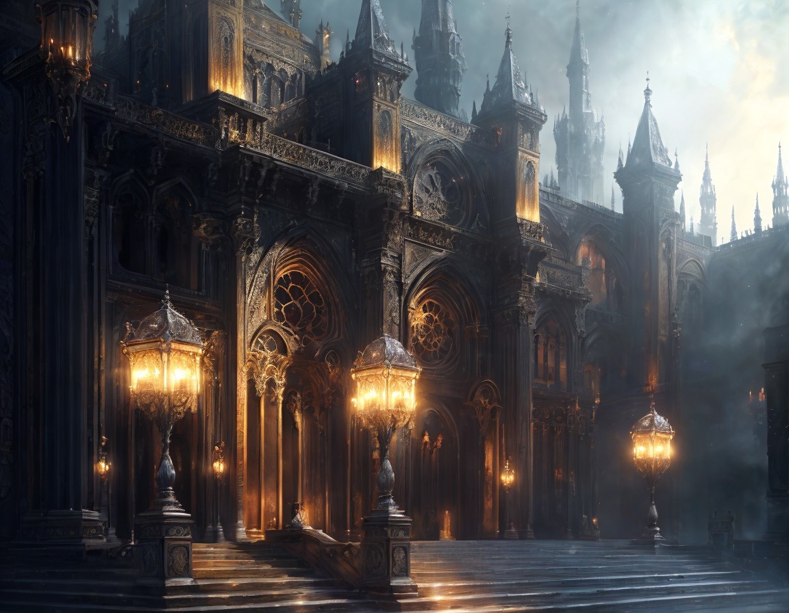 Gothic cathedral at dusk with intricate architecture and glowing lamps