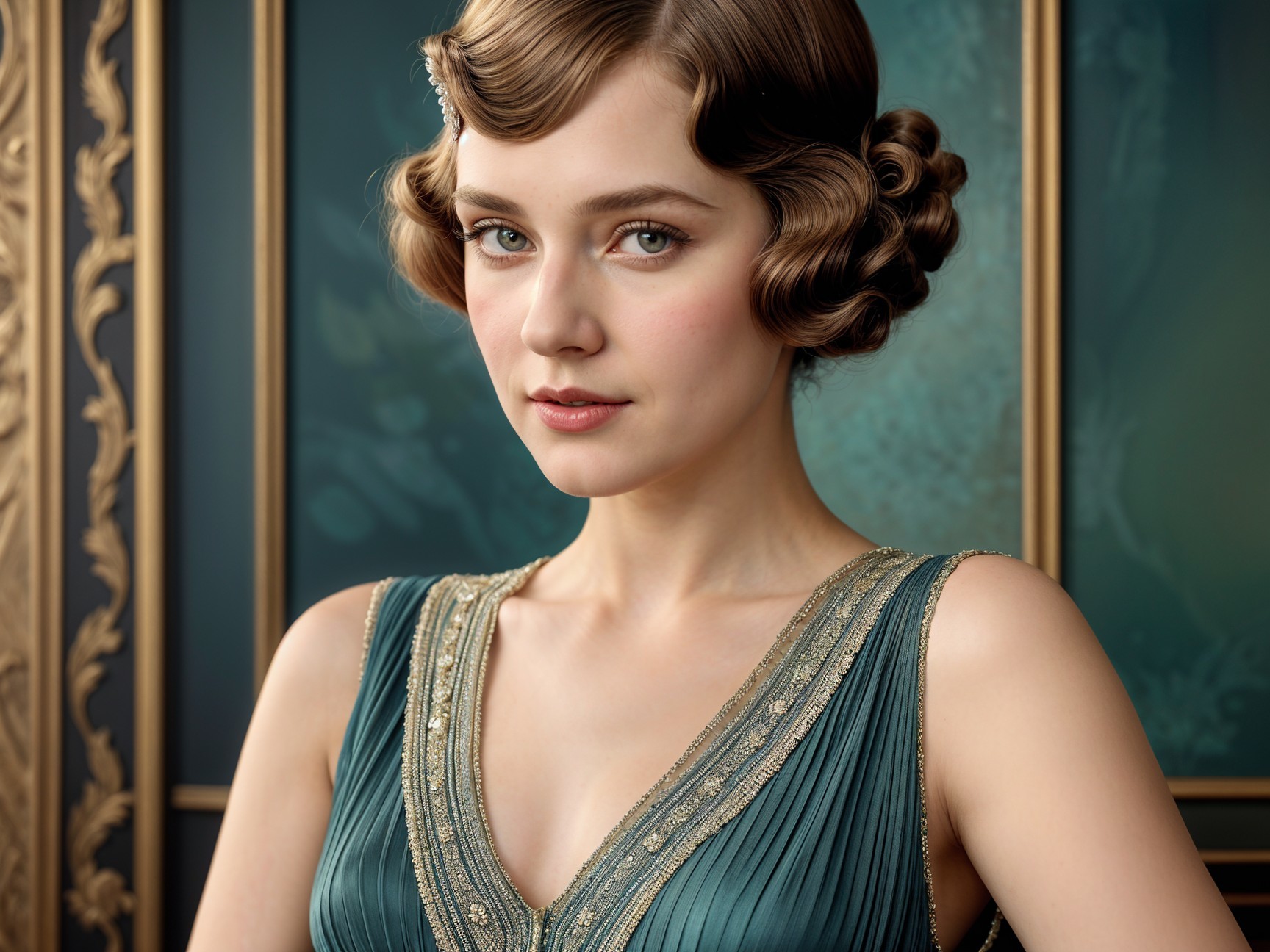 Vintage-inspired hairstyle and teal evening gown elegance