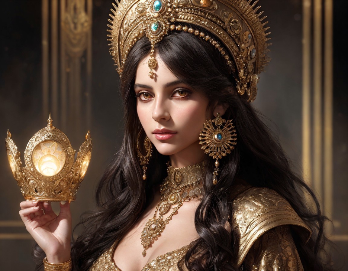 Regal Young Woman in Golden Attire and Crown