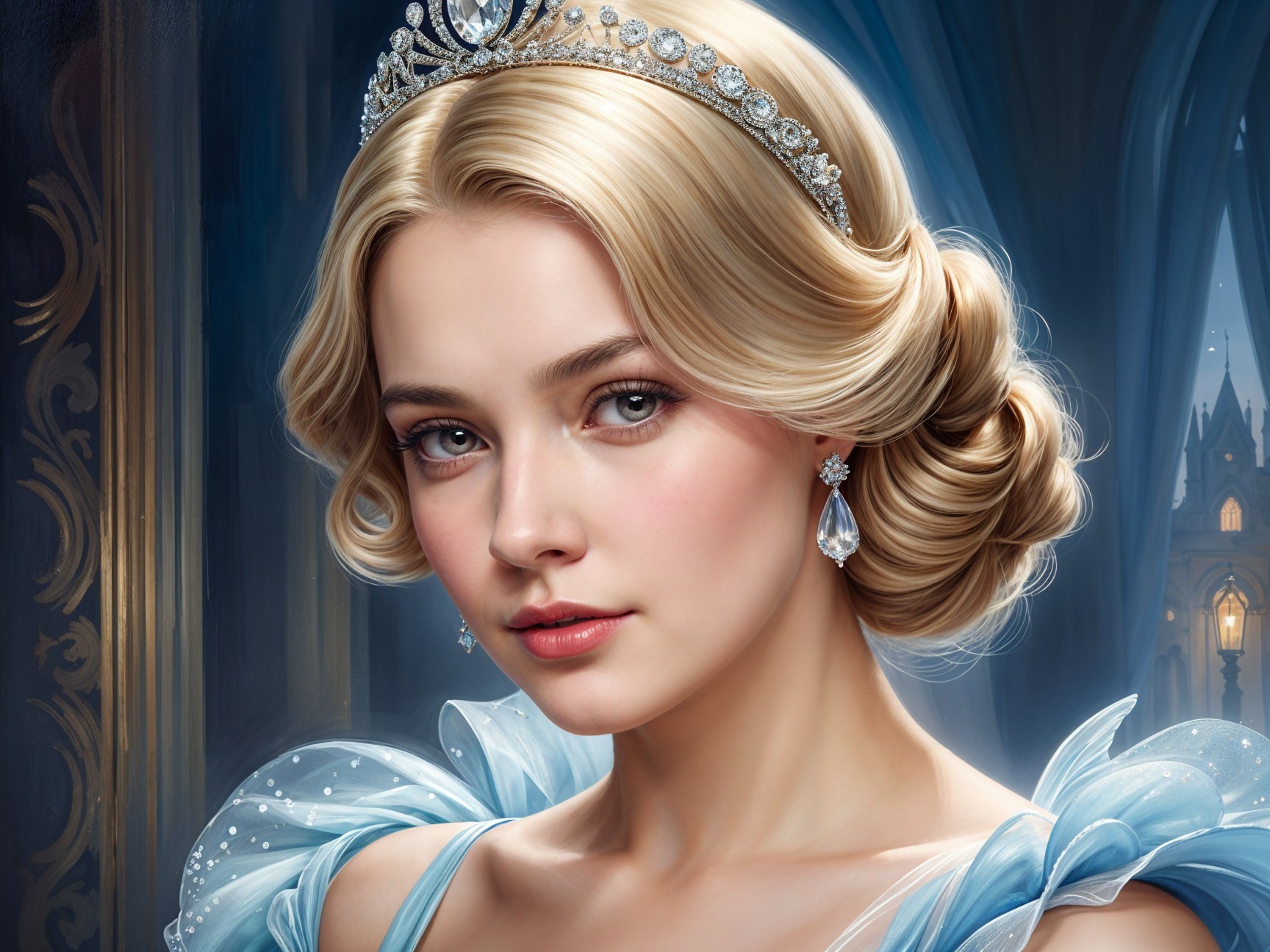 Elegant Young Woman in Shimmering Blue Gown