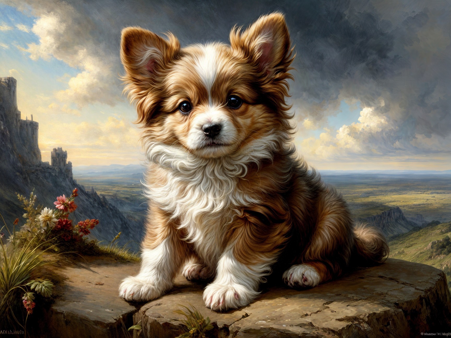 Fluffy Puppy on Rocky Ledge with Scenic Landscape