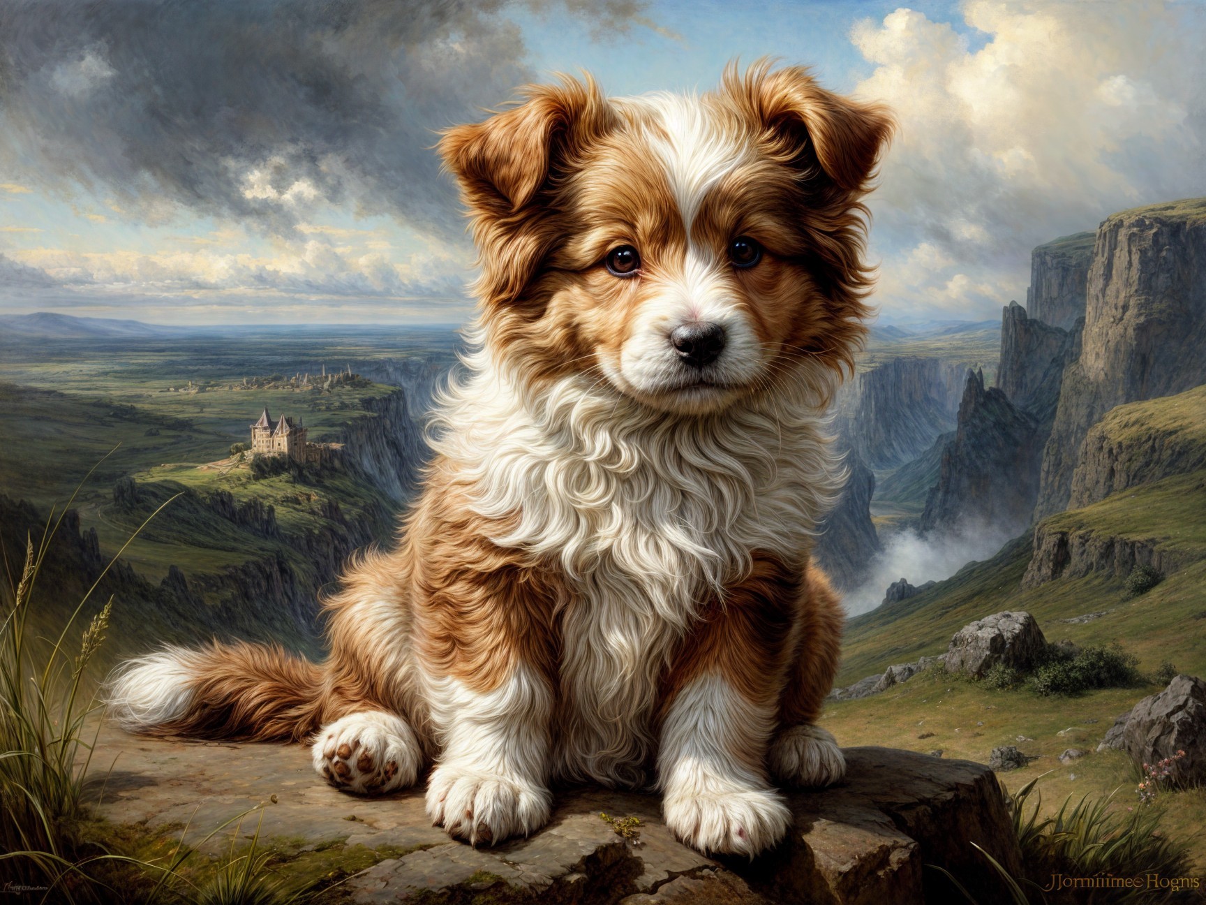 Fluffy Puppy on Rocky Ledge with Scenic Background