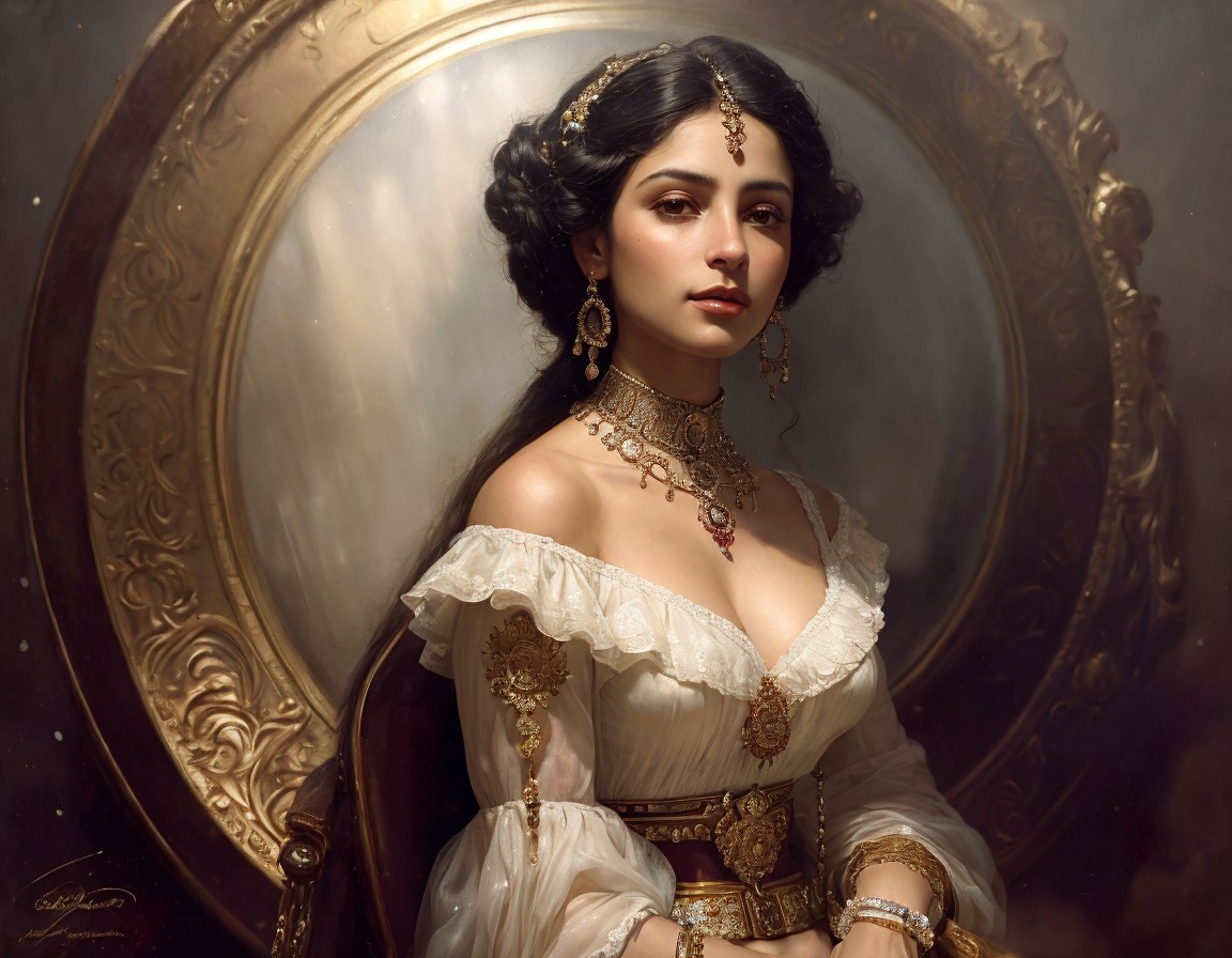 Elegant Woman in Off-Shoulder Gown Against Ornate Backdrop