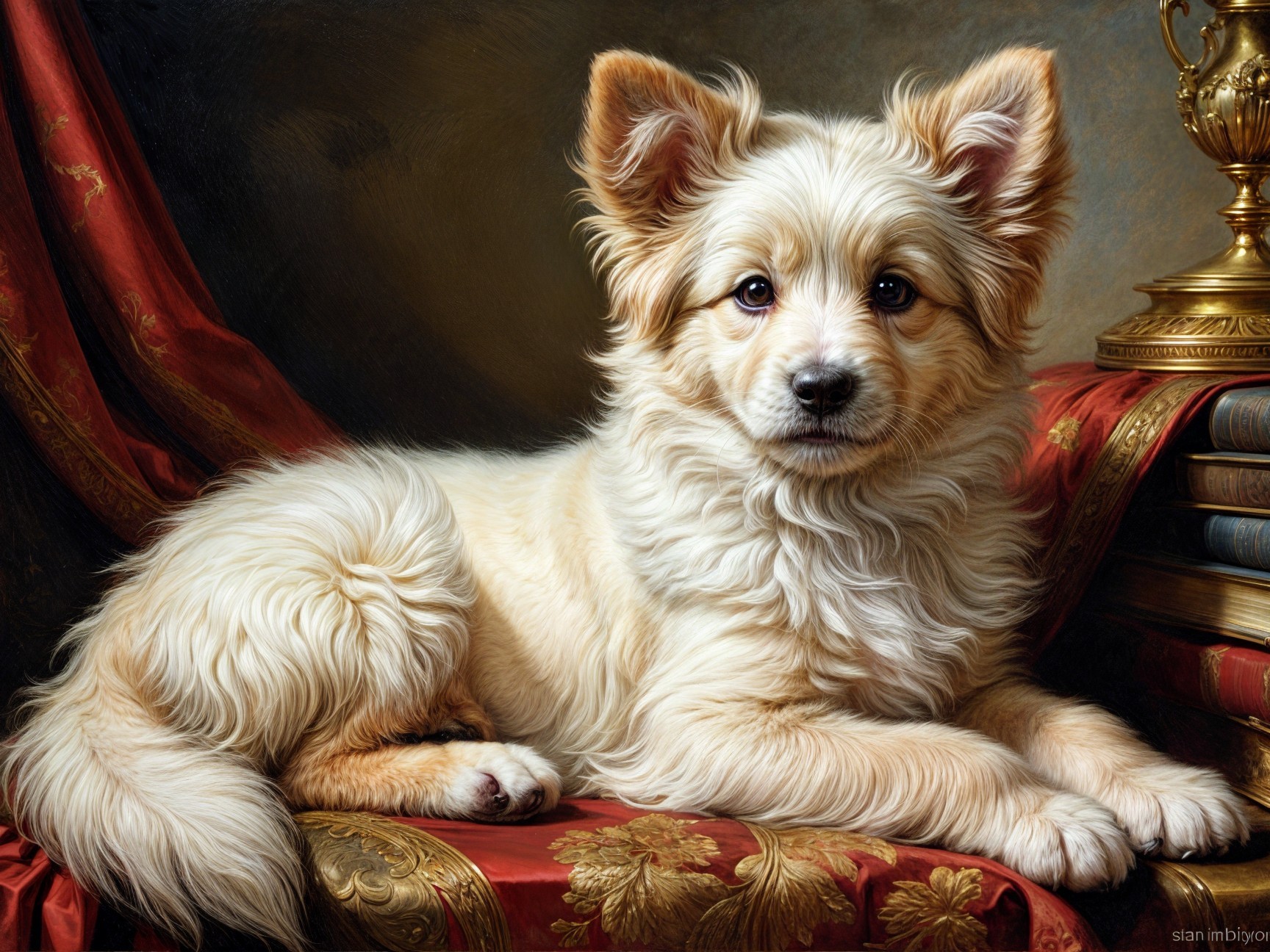 Fluffy Cream-Colored Dog on Red Velvet Drape