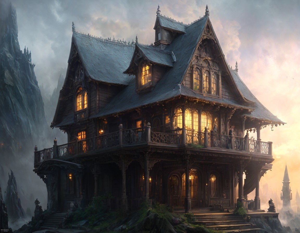 Illuminated Fantasy House on Cliff at Dusk