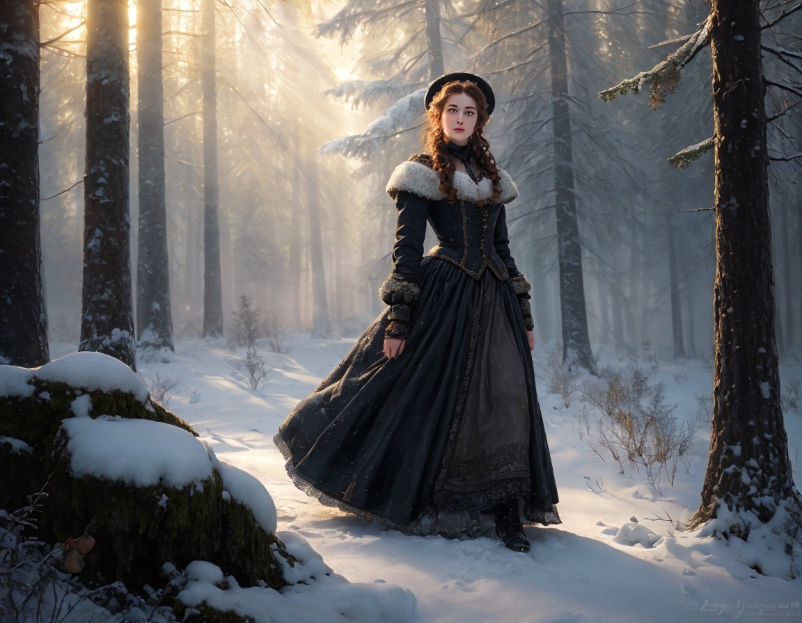 Vintage-dressed woman in snowy forest with sunbeams
