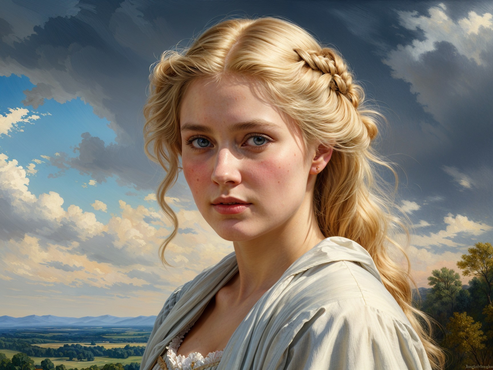 Young woman in braid against serene landscape backdrop