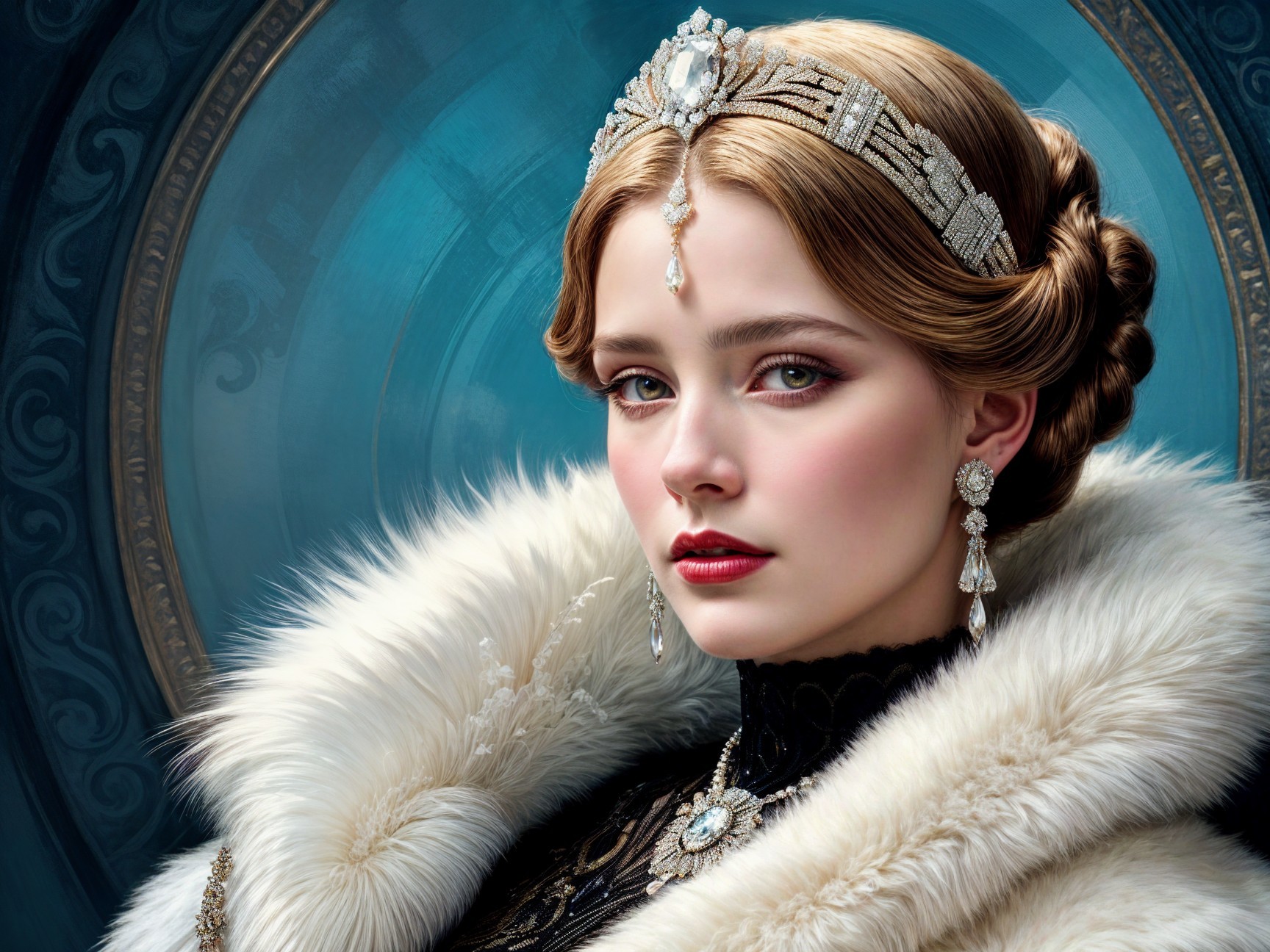 Regal Woman in Luxurious Fur Coat and Jewelry