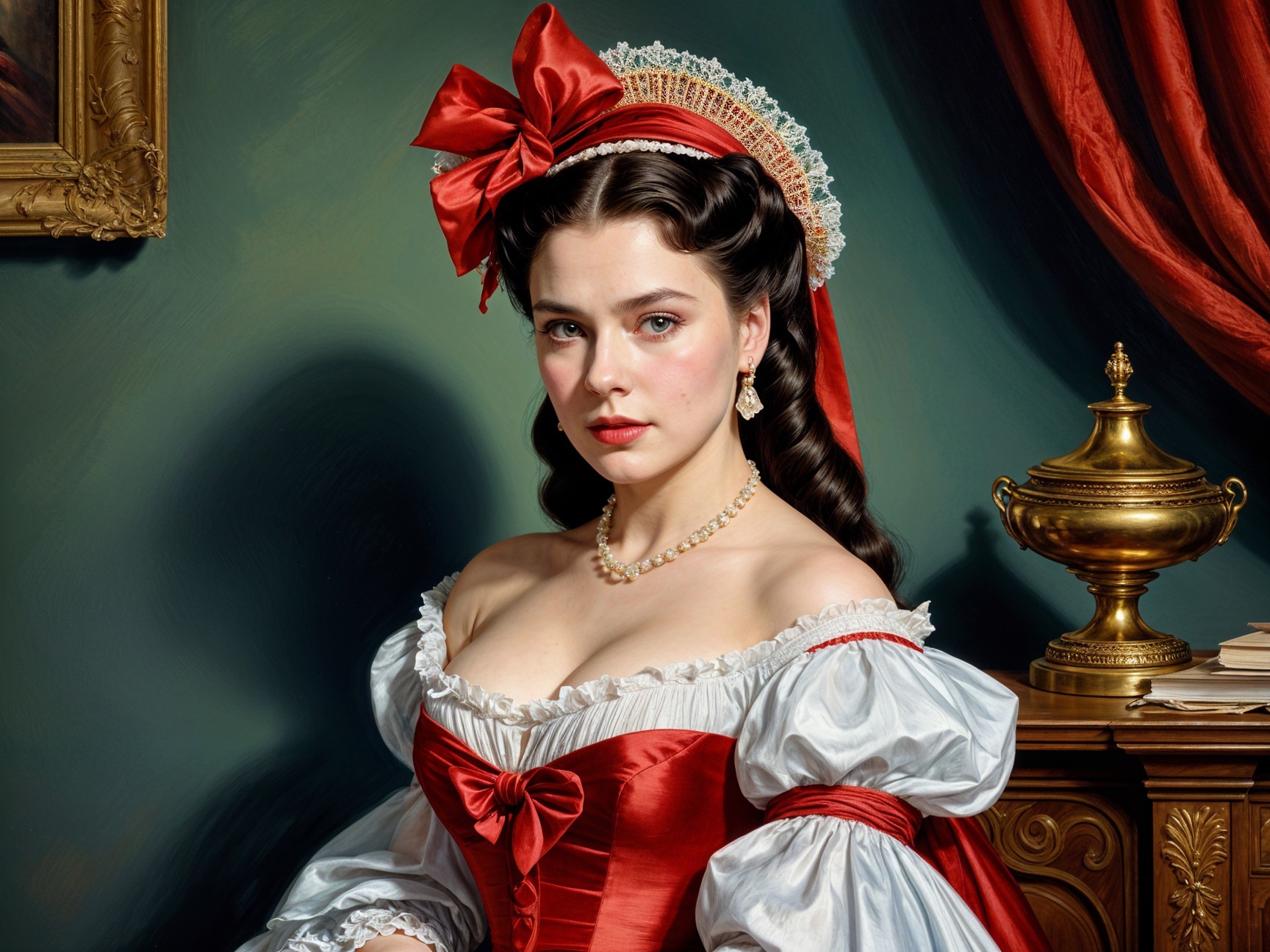 Elegant young woman in historical gown with red bow