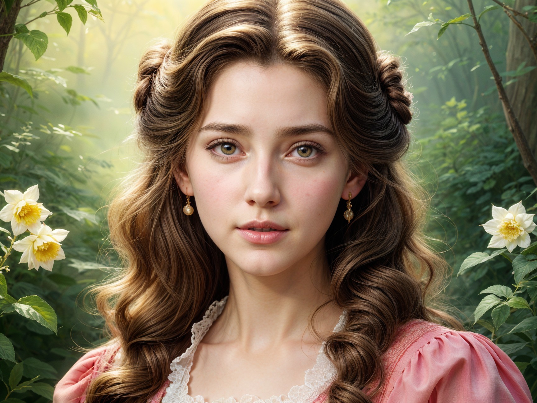 Young woman in vintage dress among lush foliage