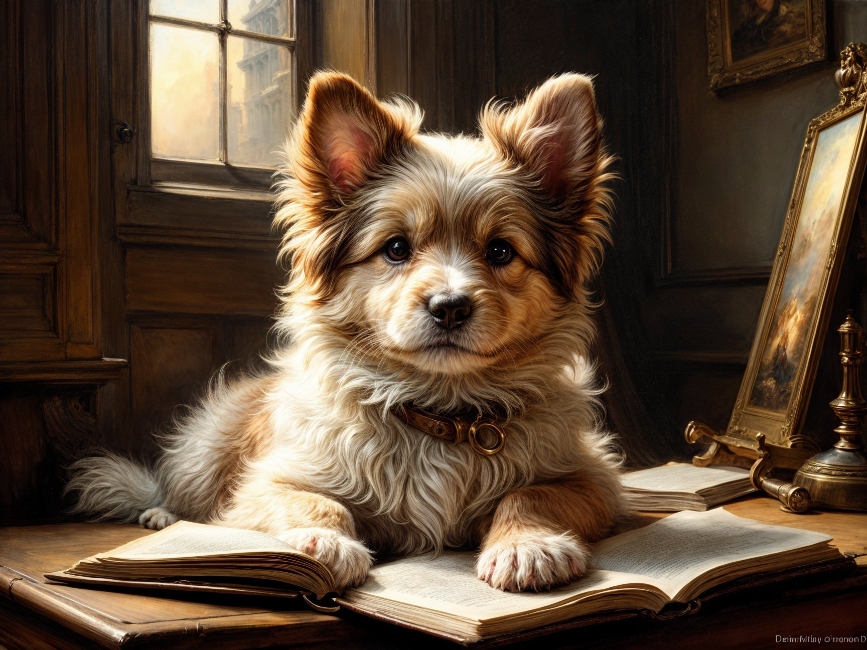 Fluffy dog resting on book in a cozy room setting