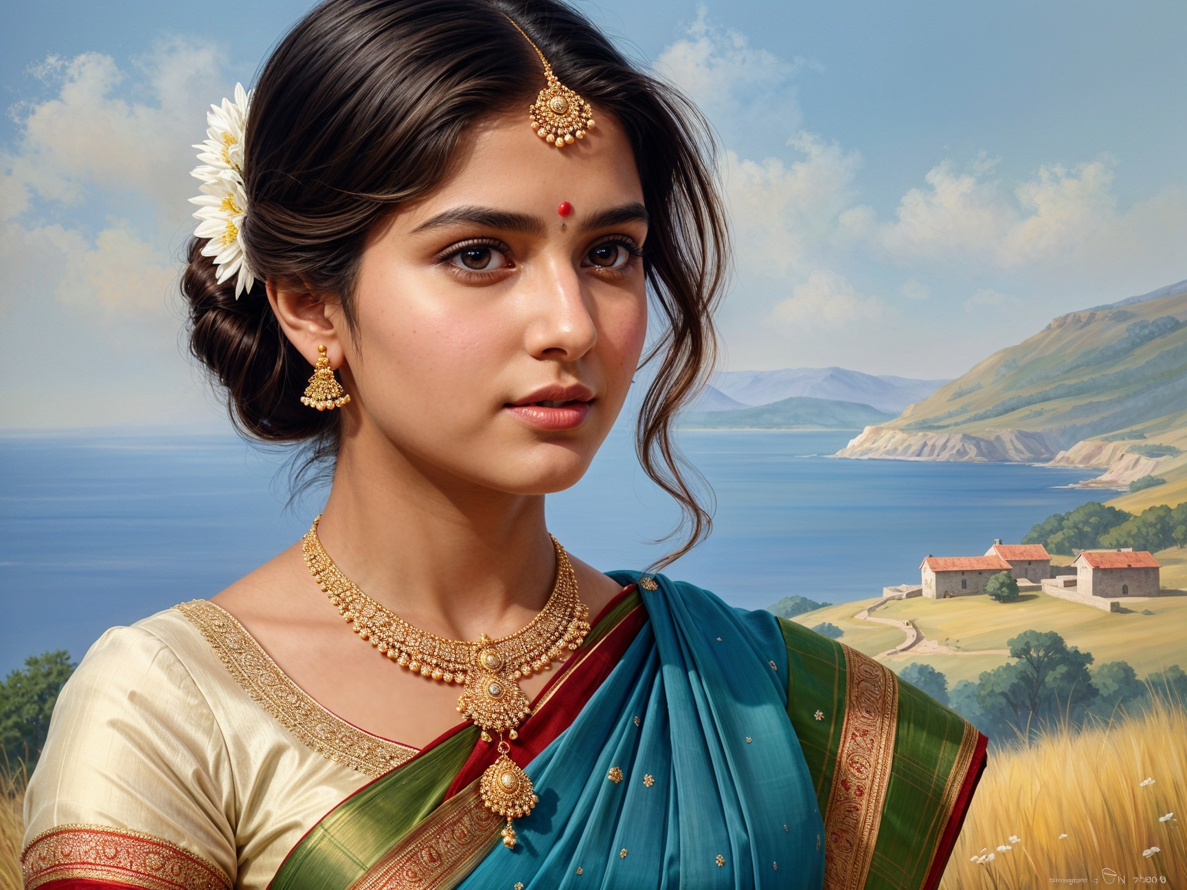 Young woman in vibrant saree with serene landscape