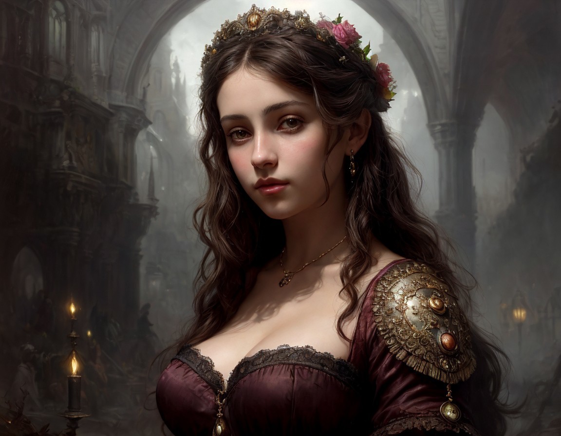 Digital artwork: Young woman in medieval attire with flower crown in gothic cathedral.