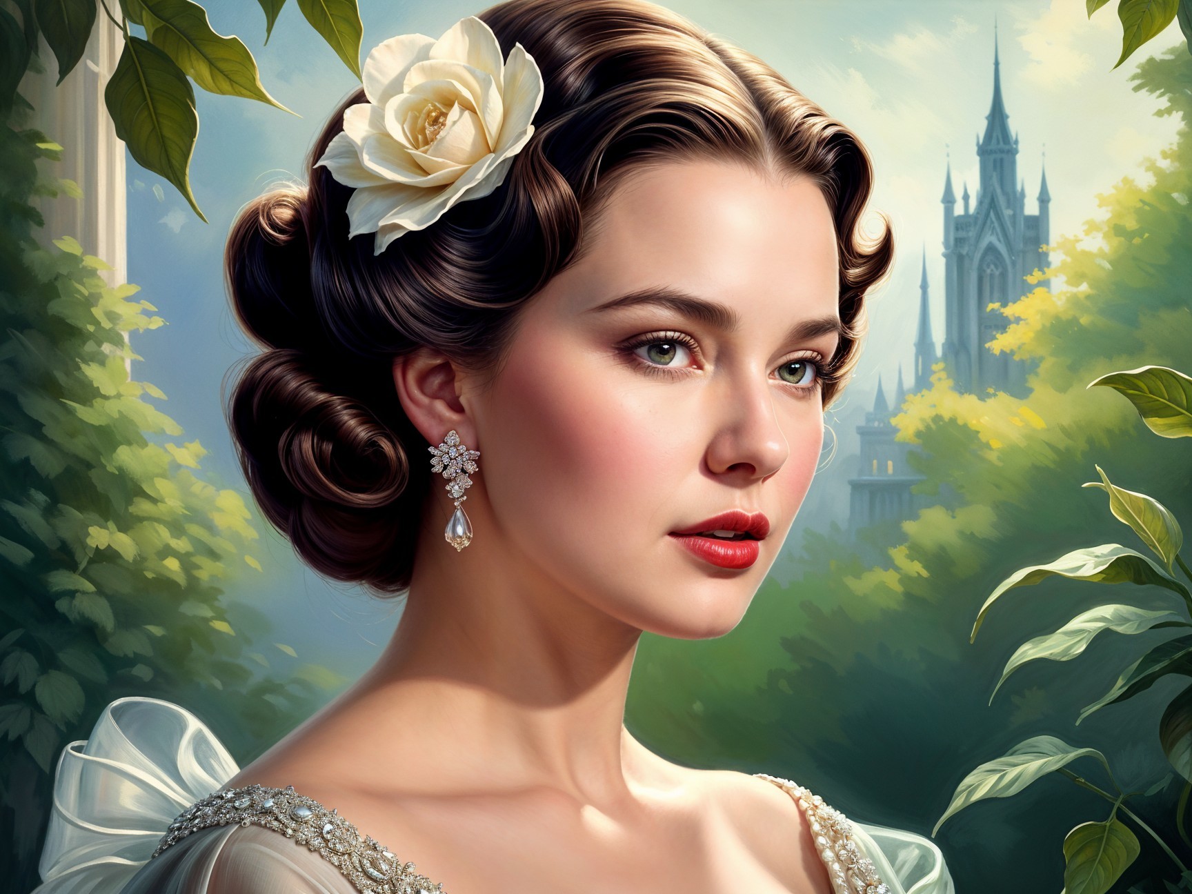 Young woman in ethereal dress with flower and castle
