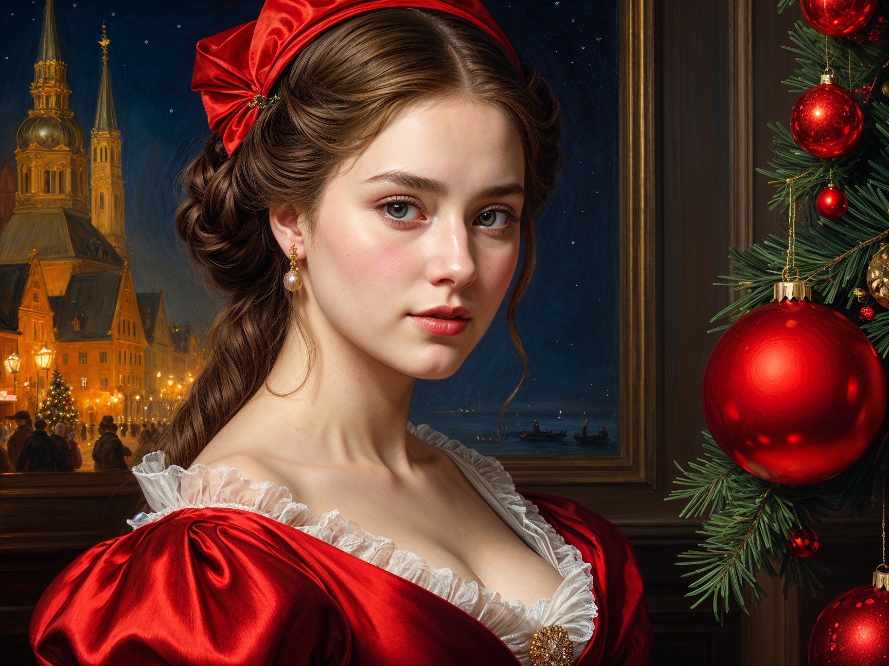 Young Woman in Festive Red Dress at Twilight Scene