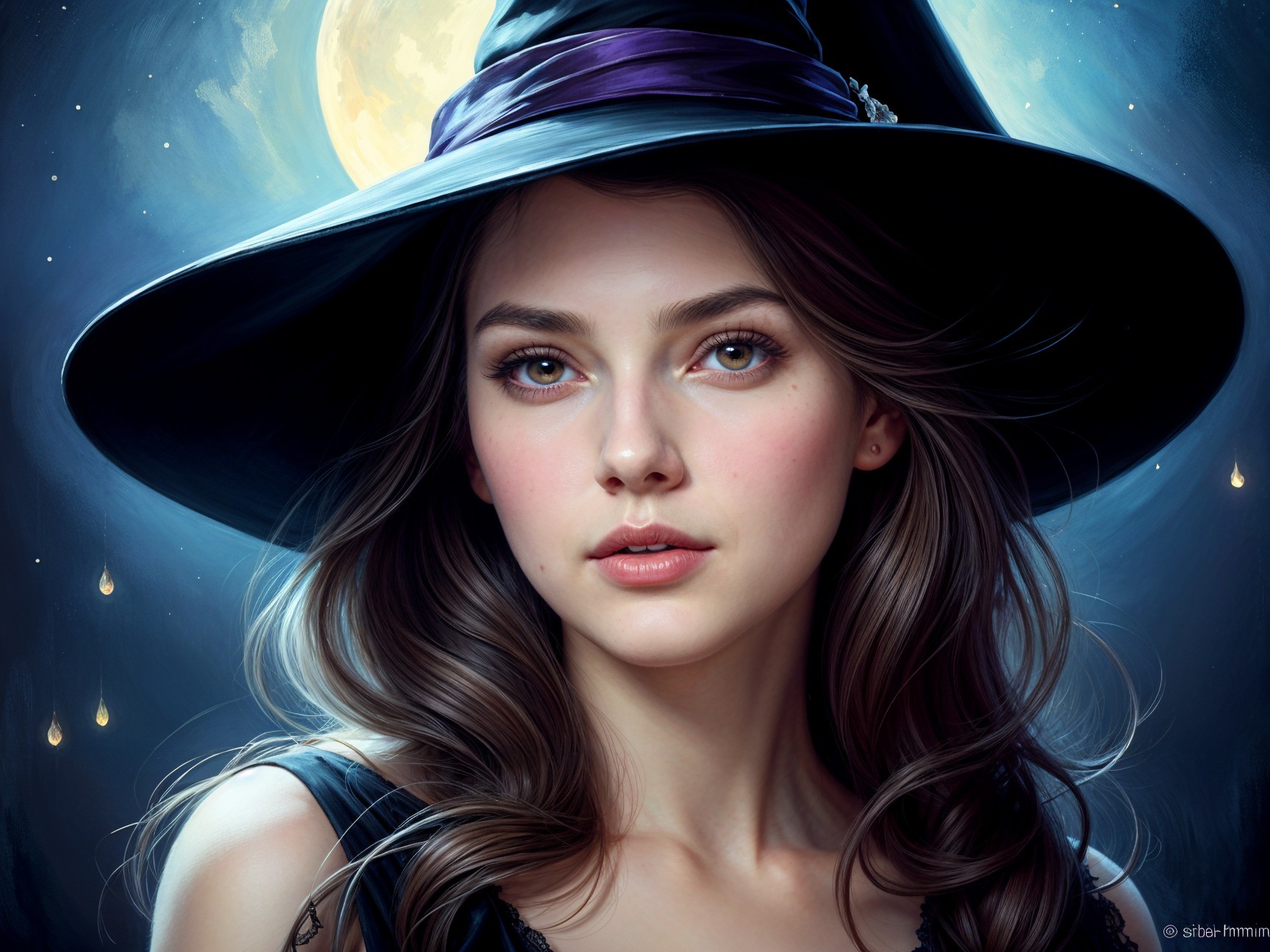 Young woman in black witch's hat under moonlight