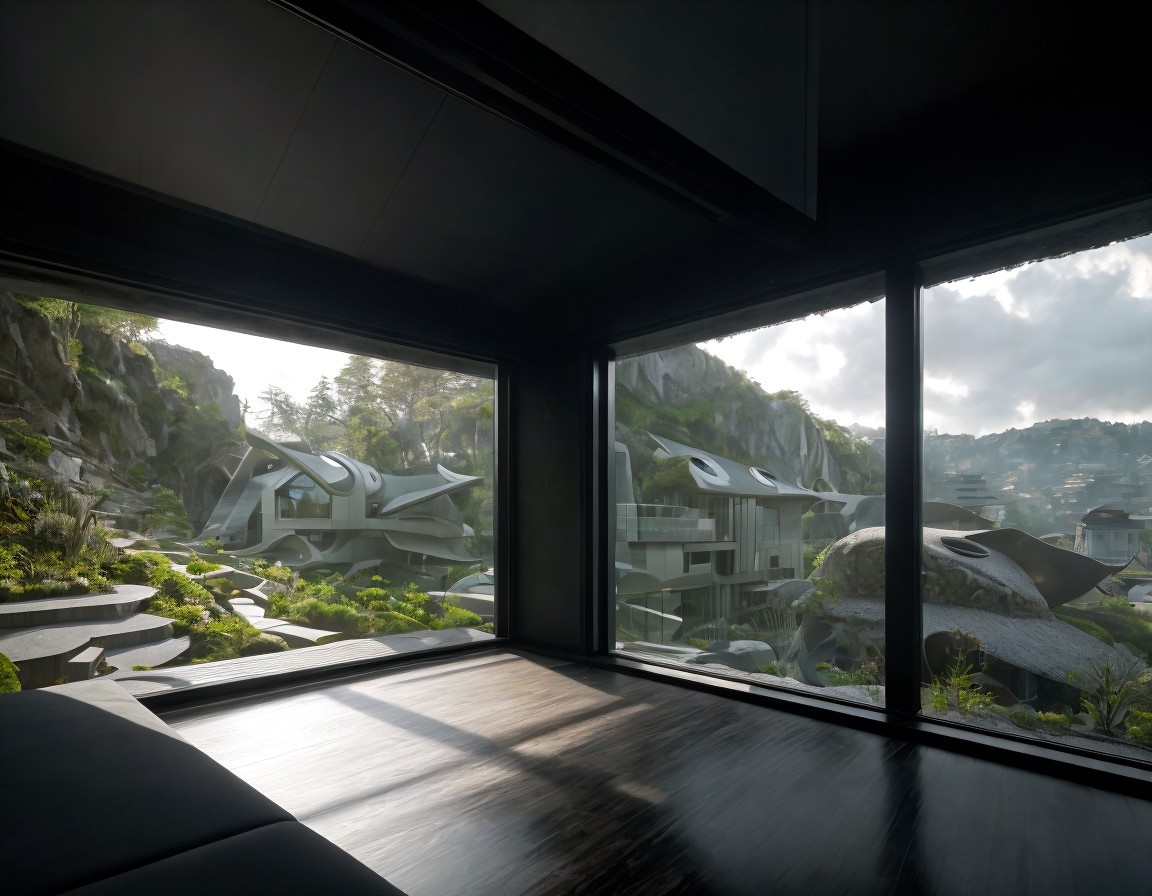 Modern room with large windows showcasing futuristic cityscape and unique architecture.