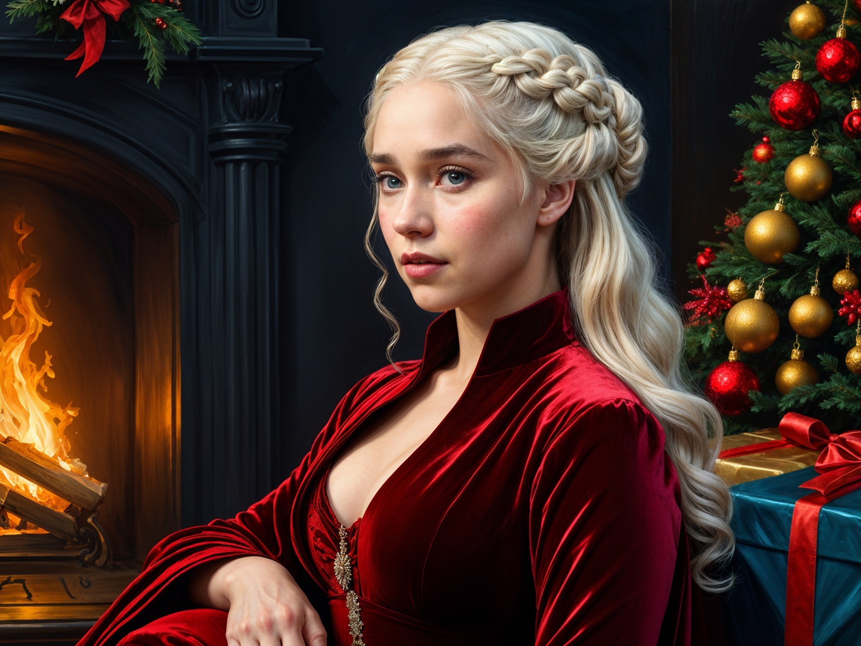 Young Woman in Red Gown by Festive Fireplace