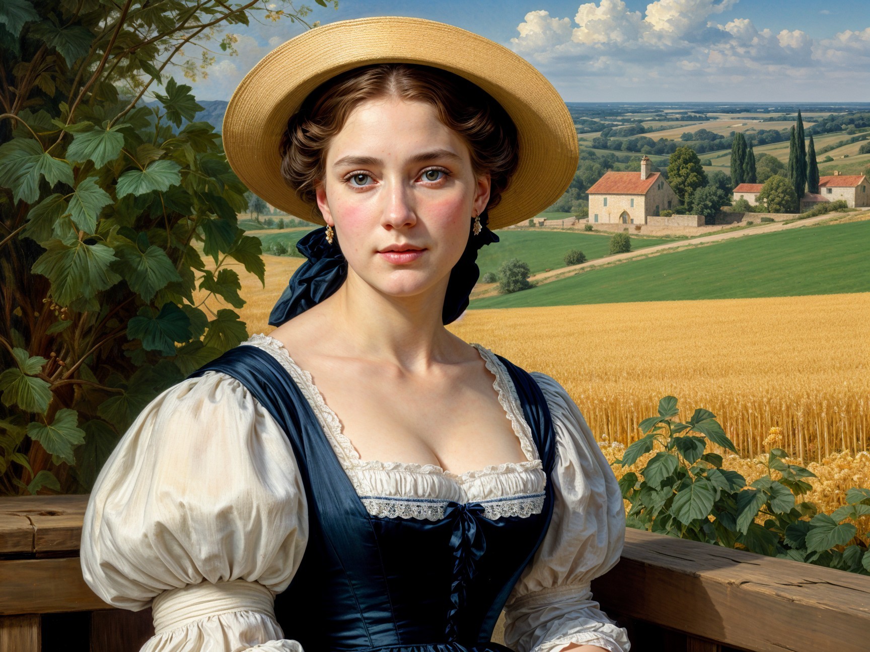 Young Woman in Traditional Dress in Sunlit Landscape