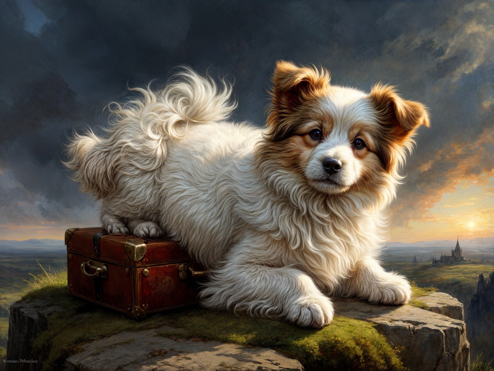 Fluffy Dog on Vintage Suitcase with Dramatic Sky