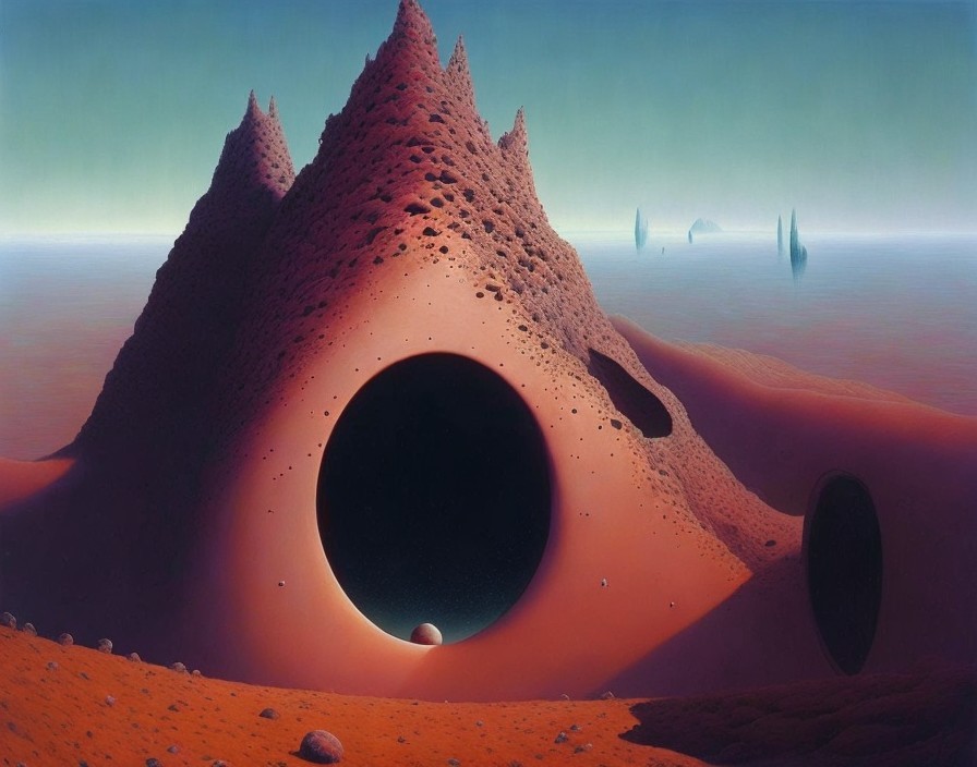 Unique surreal landscape: red conical mountain and small structures under hazy sky