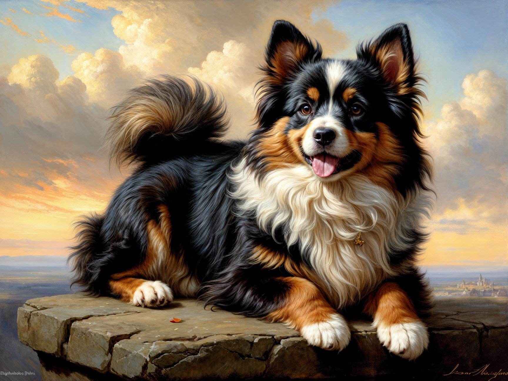 Fluffy Tricolor Dog on Rocky Ledge at Sunset