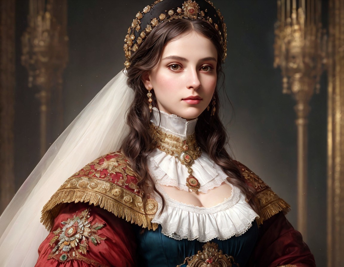 Regal Woman in Ornate Historical Gown and Crown