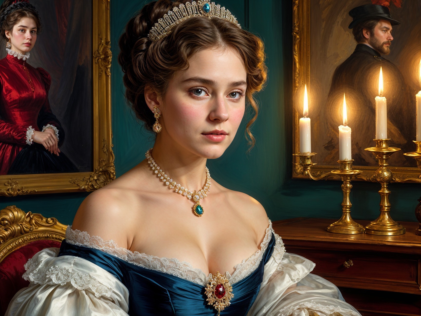 Young woman in blue gown amidst elegant decor