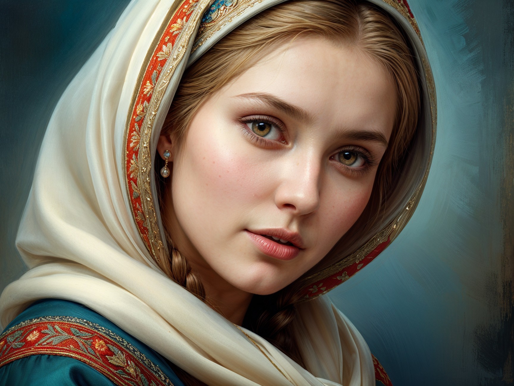 Young woman in embroidered headscarf with serene gaze