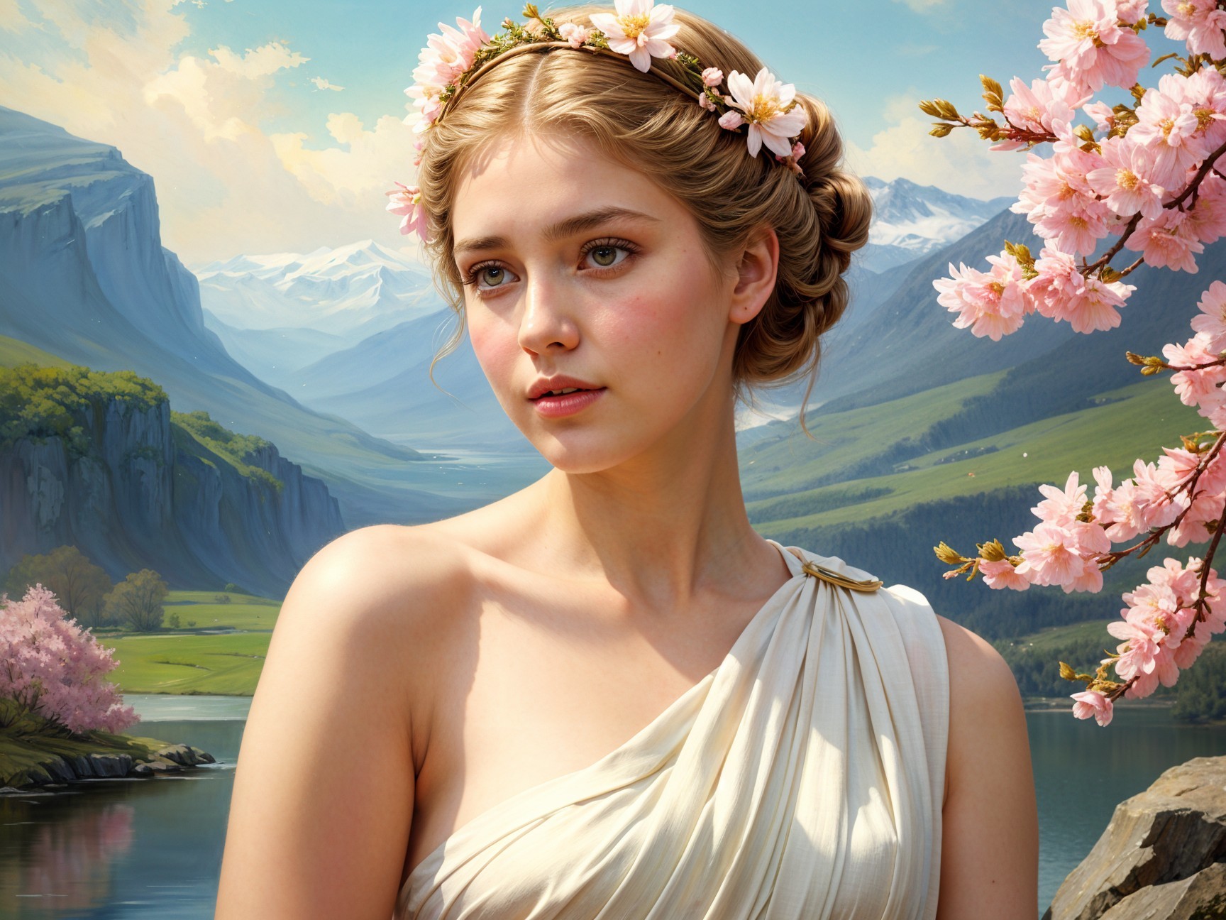 Serene Woman in Floral Crown by Tranquil Lake and Mountains