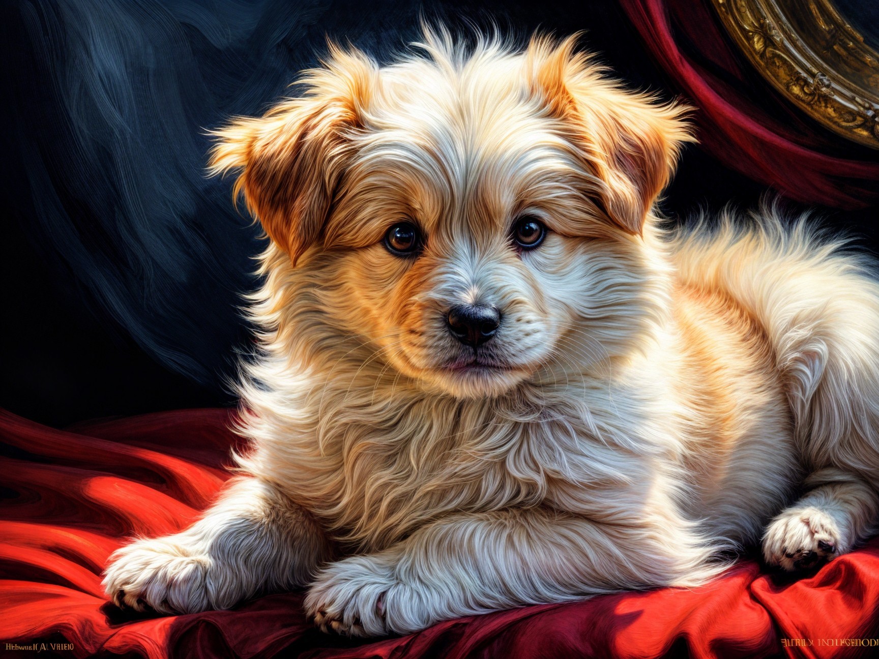 Cream-colored puppy on crimson velvet backdrop