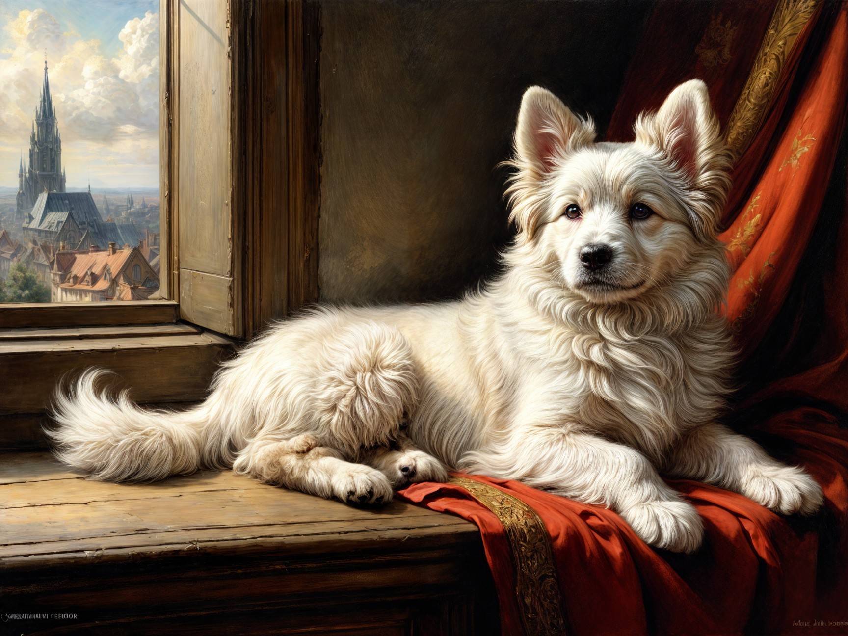 Fluffy White Dog on Sunlit Windowsill with Landscape