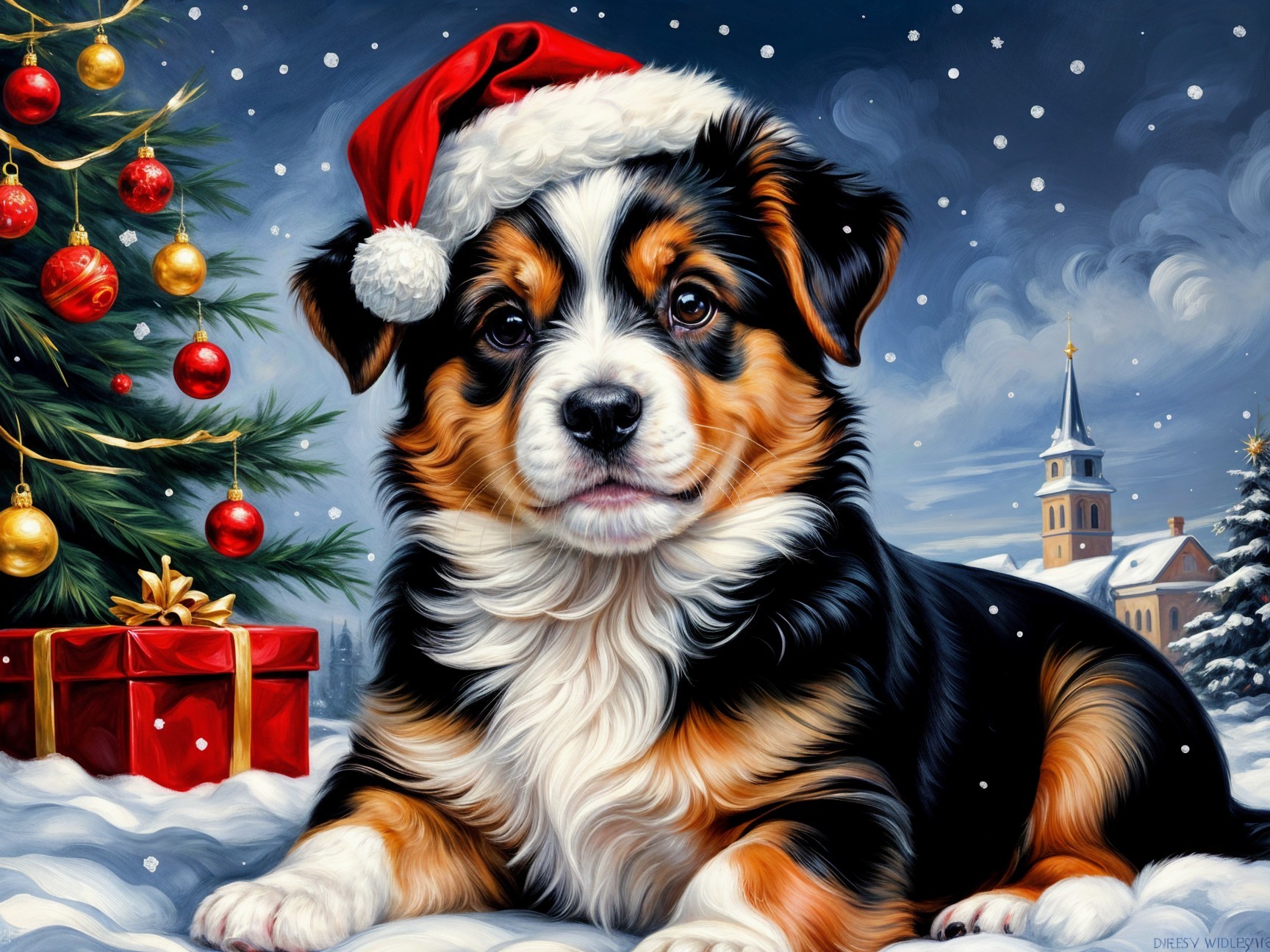 Puppy in Santa Hat Amid Snowy Christmas Scene