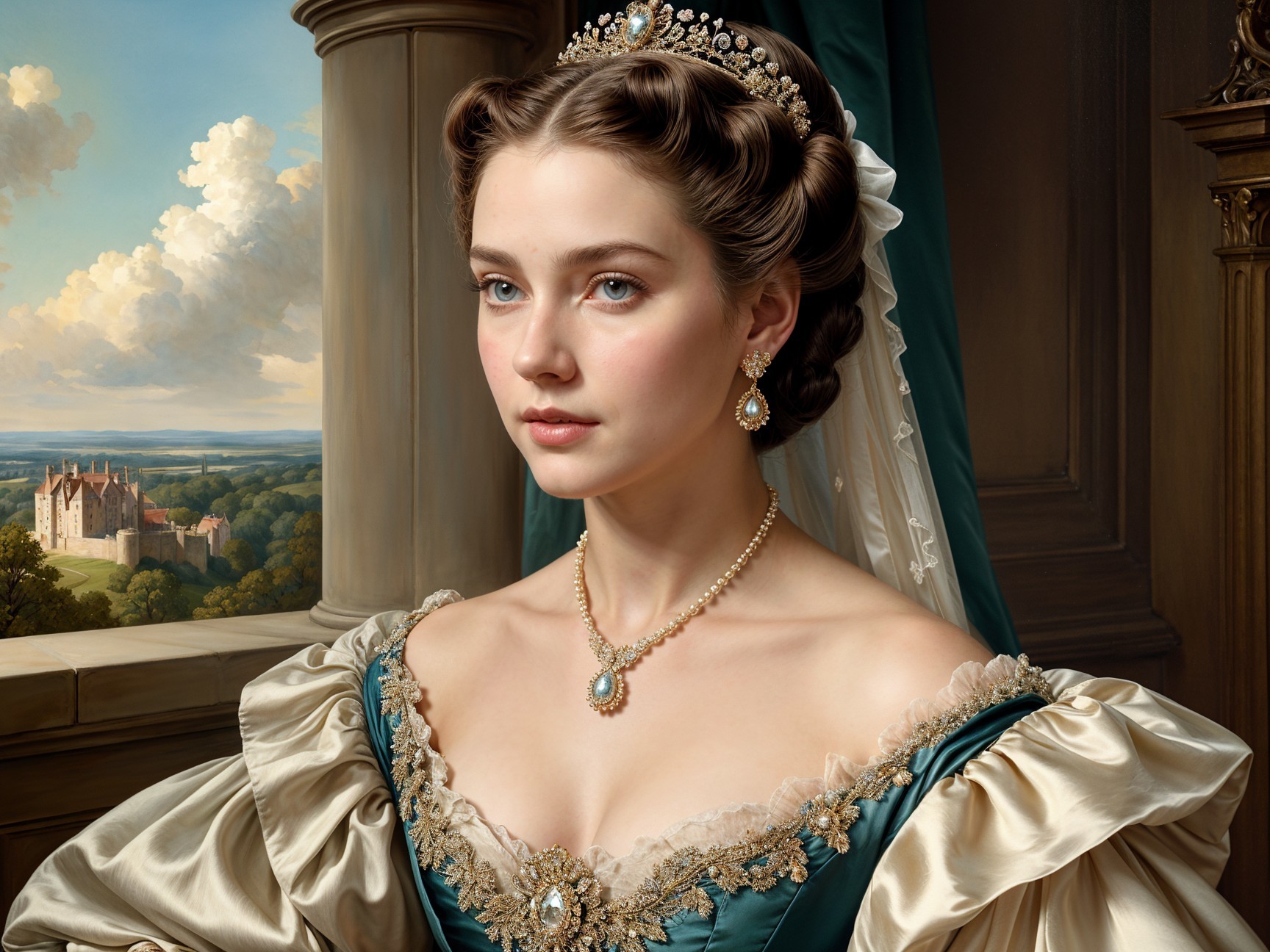 Elegant Woman in Teal Gown with Scenic Background